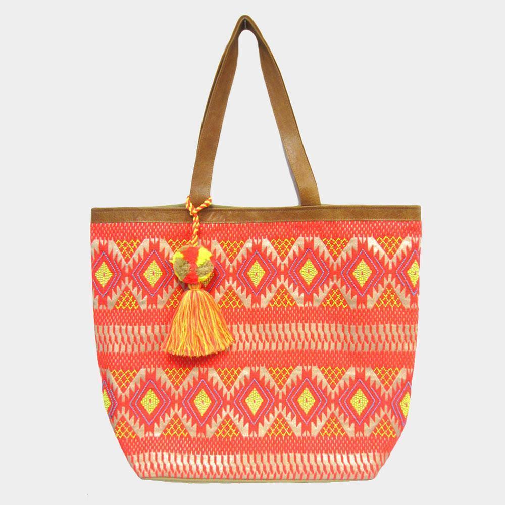 Aztec Patterned PomTassel Tote Bag - Jewelry Store by Erik Rayo