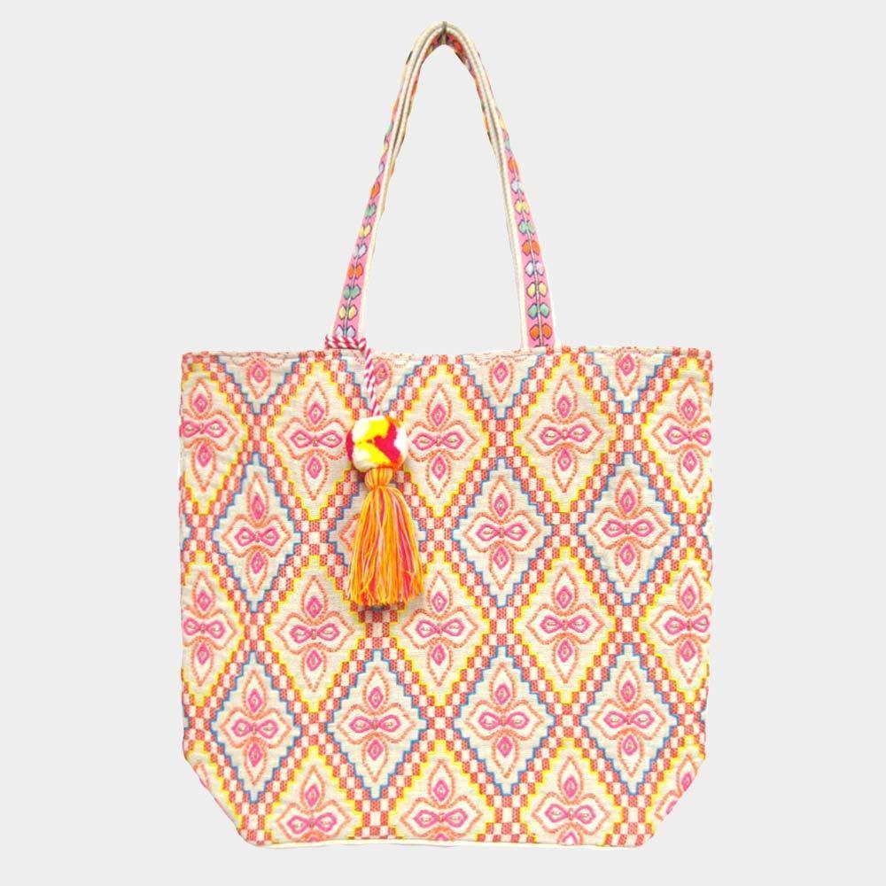Boho Geometric Embroidery Tote Bag with Detachable Pom Tassel - Jewelry Store by Erik Rayo