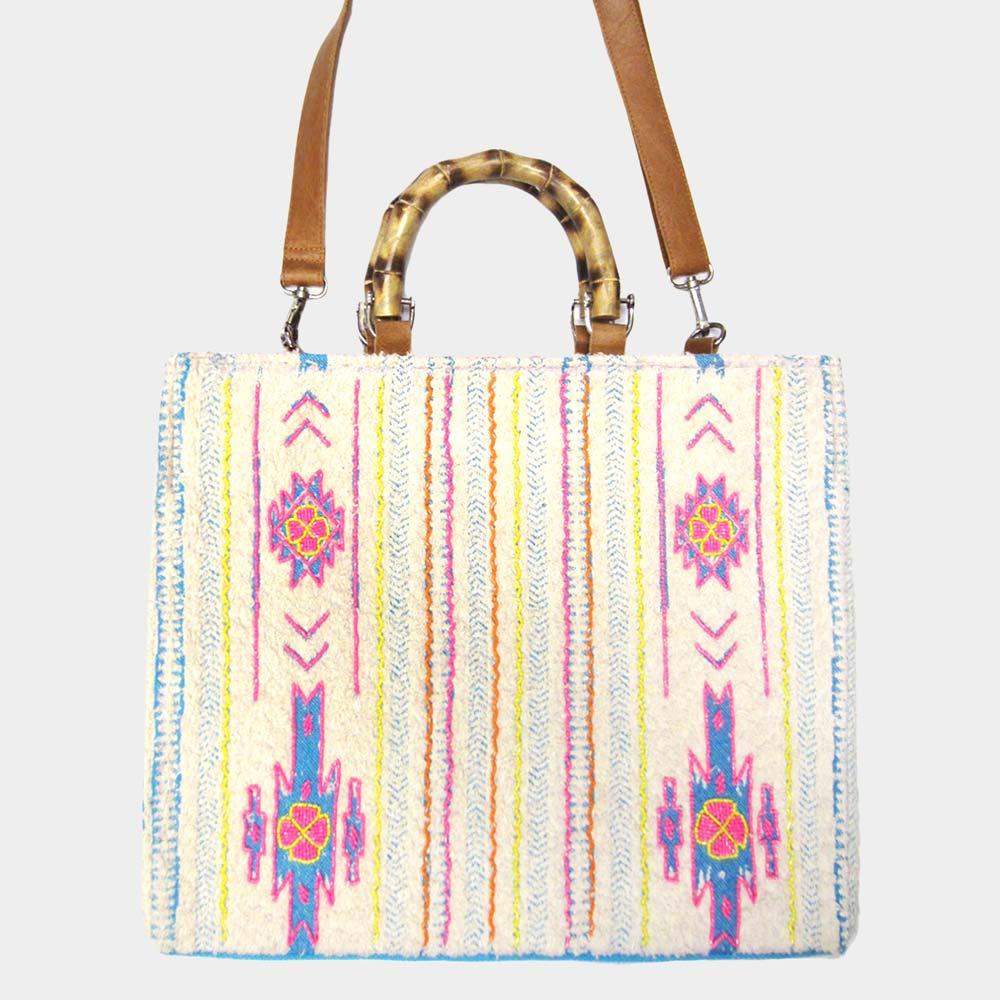 Boho Wood Handle Tote / Crossbody Bag