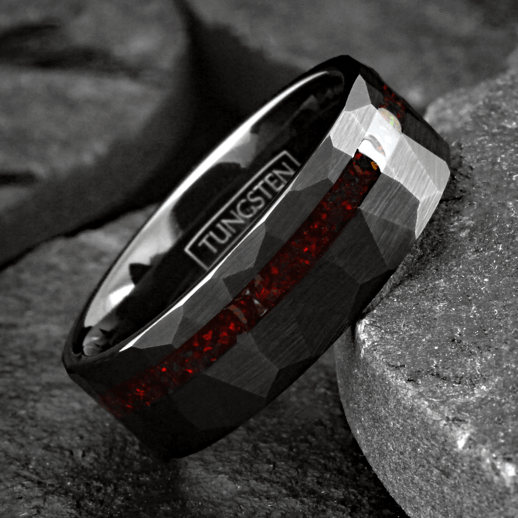 Black Wedding Band with Red Opal Men's and Women's Wedding and Engagement Band - Jewelry Store by Erik Rayo