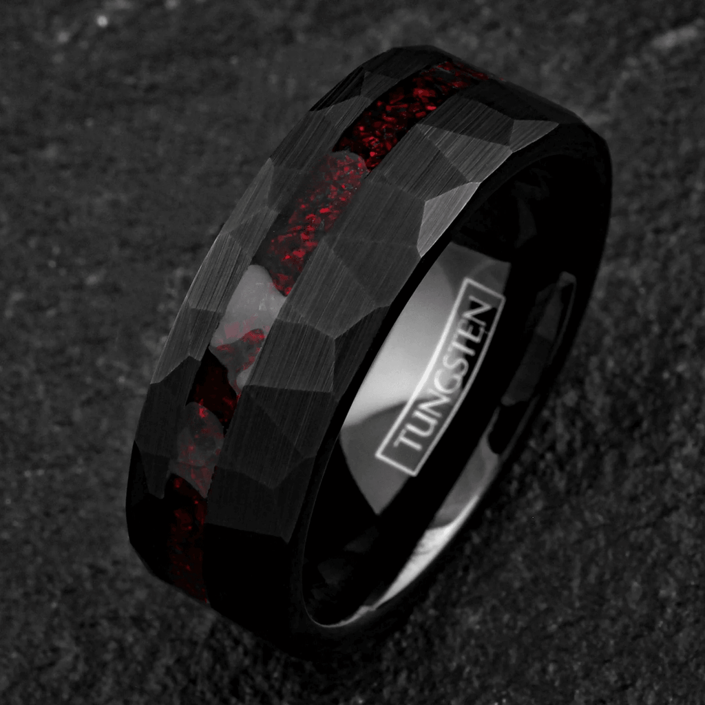 Black Wedding Band with Red Opal Men's and Women's Wedding and Engagement Band - Jewelry Store by Erik Rayo