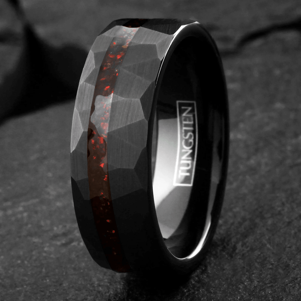 Black Wedding Band with Red Opal Men's and Women's Wedding and Engagement Band - Jewelry Store by Erik Rayo
