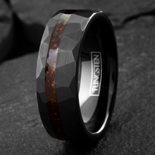 Load image into Gallery viewer, Black Wedding Band with Red Opal Men&#39;s and Women&#39;s Wedding and Engagement Band
