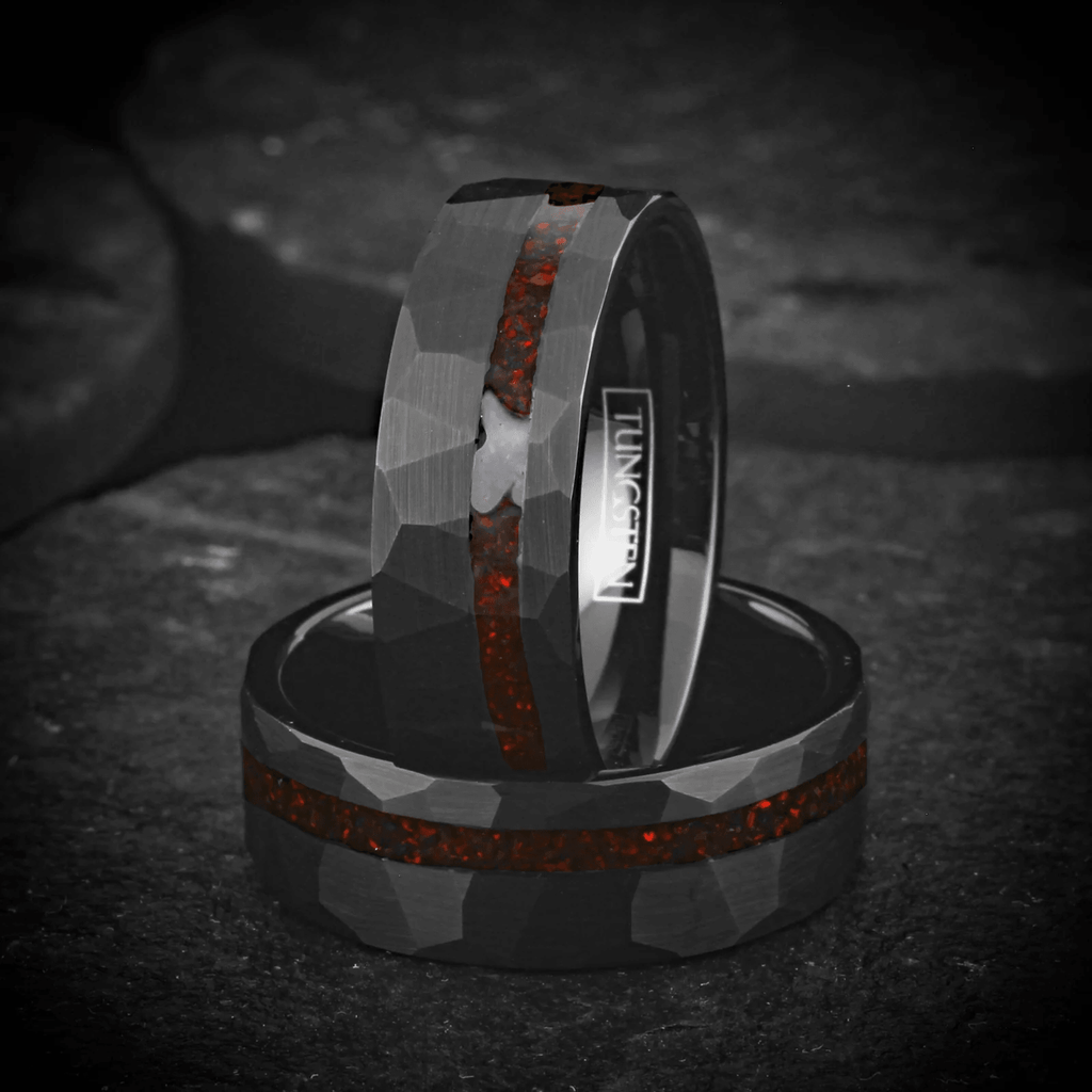 Black Wedding Band with Red Opal Men's and Women's Wedding and Engagement Band - Jewelry Store by Erik Rayo