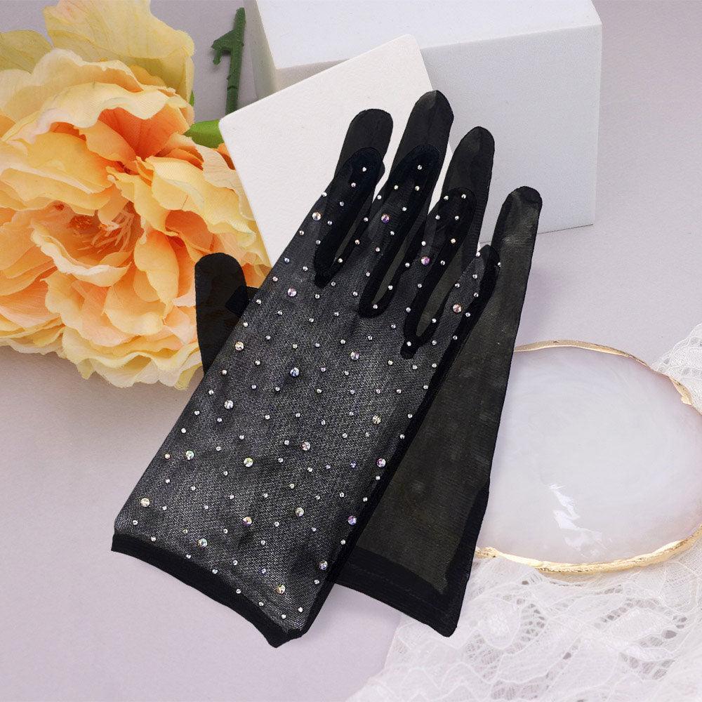 Black Stone Embellished Mesh Dressy Wedding Gloves - Jewelry Store by Erik Rayo