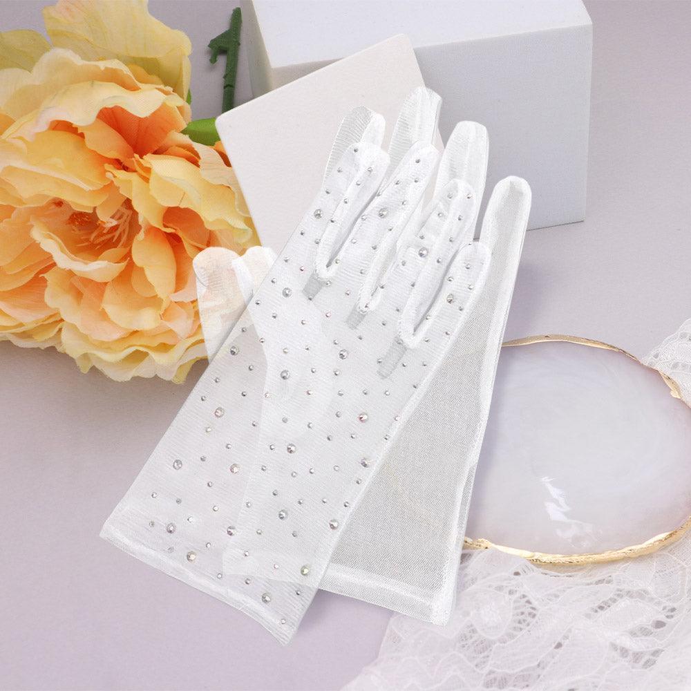 White Stone Embellished Mesh Dressy Wedding Gloves - Jewelry Store by Erik Rayo