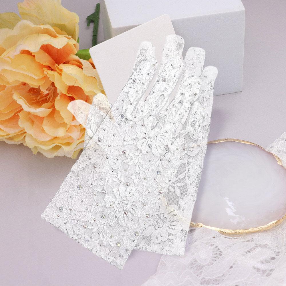 White Stone Embellished Floral Lace Dressy Wedding Gloves - Jewelry Store by Erik Rayo