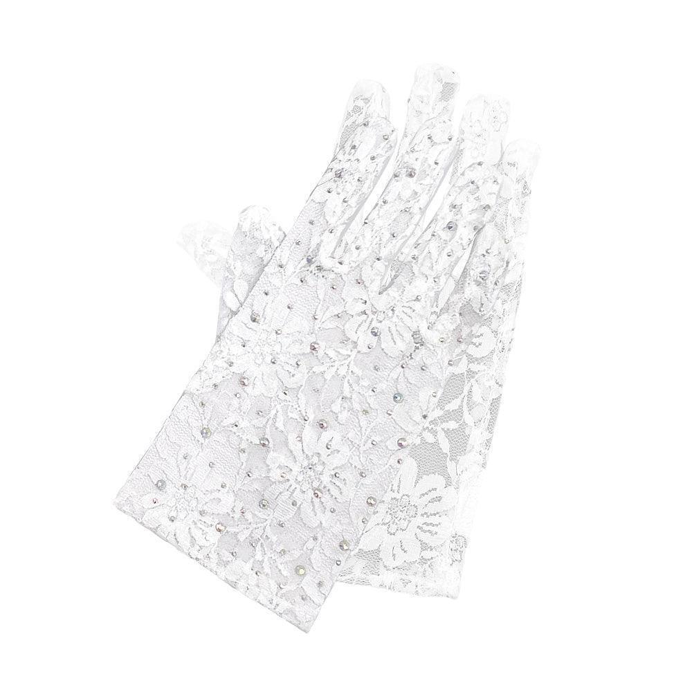 White Stone Embellished Floral Lace Dressy Wedding Gloves - Jewelry Store by Erik Rayo