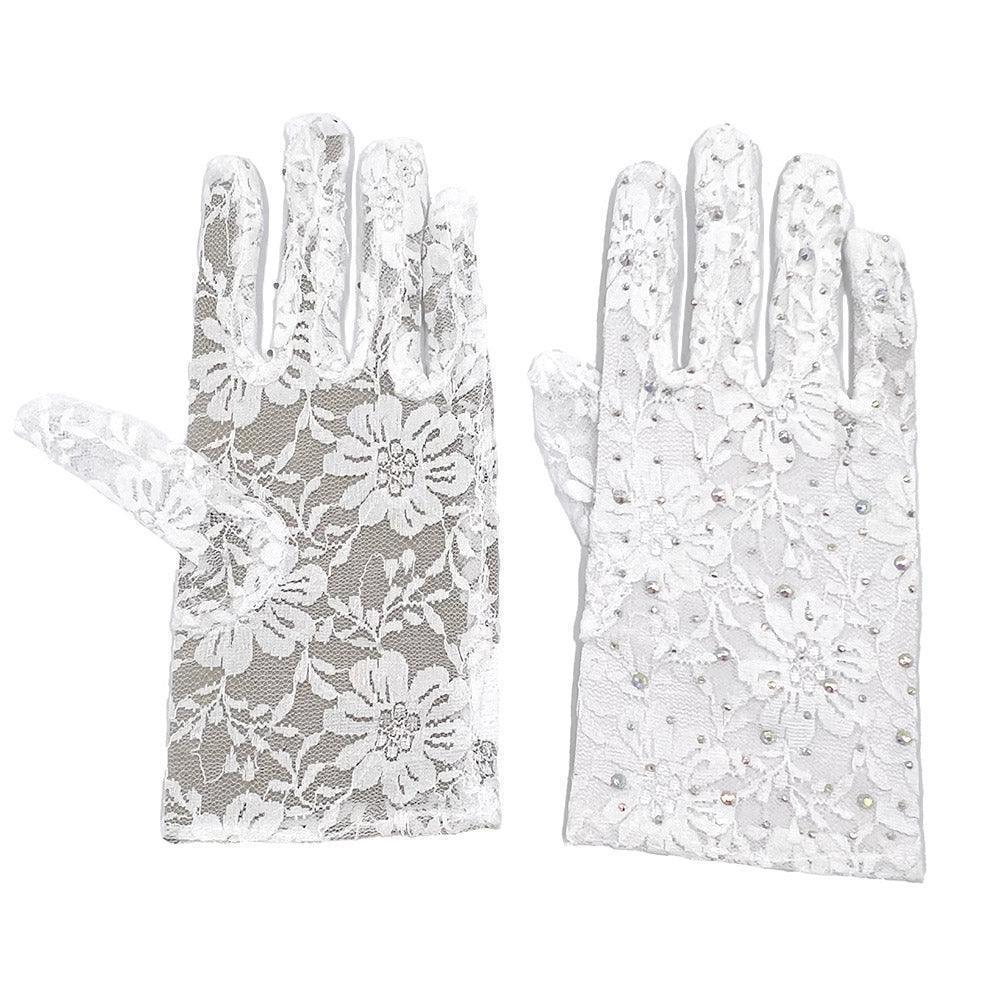 White Stone Embellished Floral Lace Dressy Wedding Gloves - Jewelry Store by Erik Rayo