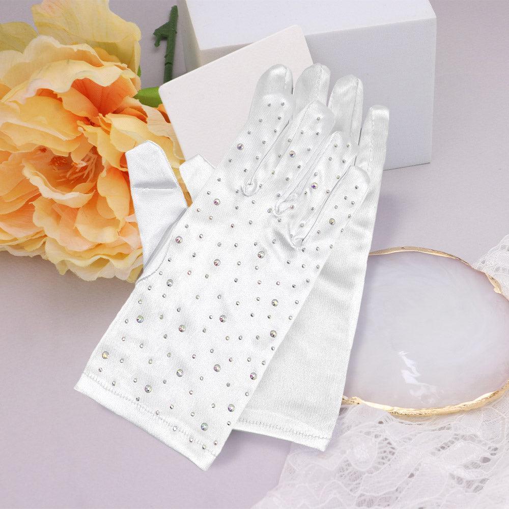 White Stone Embellished Satin Dressy Wedding Gloves - Jewelry Store by Erik Rayo