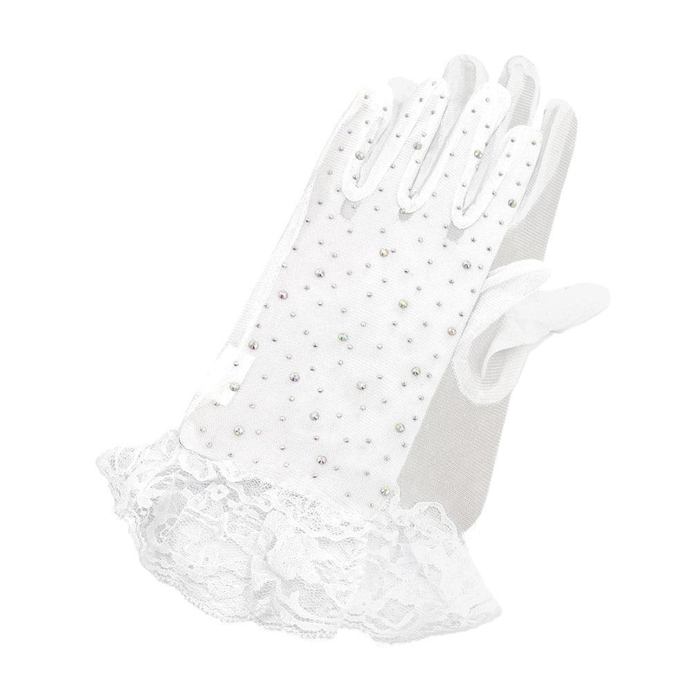 White Stone Embellished Lace Cuff Mesh Dressy Wedding Gloves - Jewelry Store by Erik Rayo