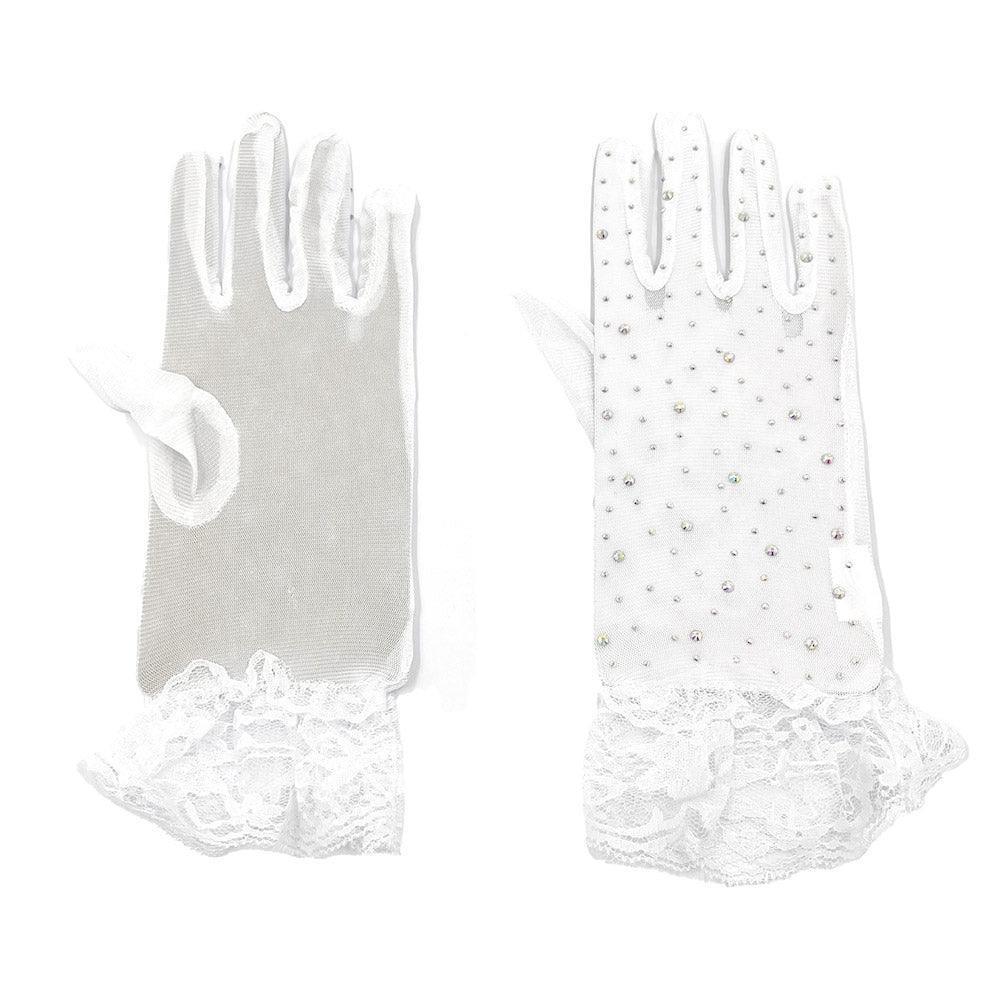 White Stone Embellished Lace Cuff Mesh Dressy Wedding Gloves - Jewelry Store by Erik Rayo
