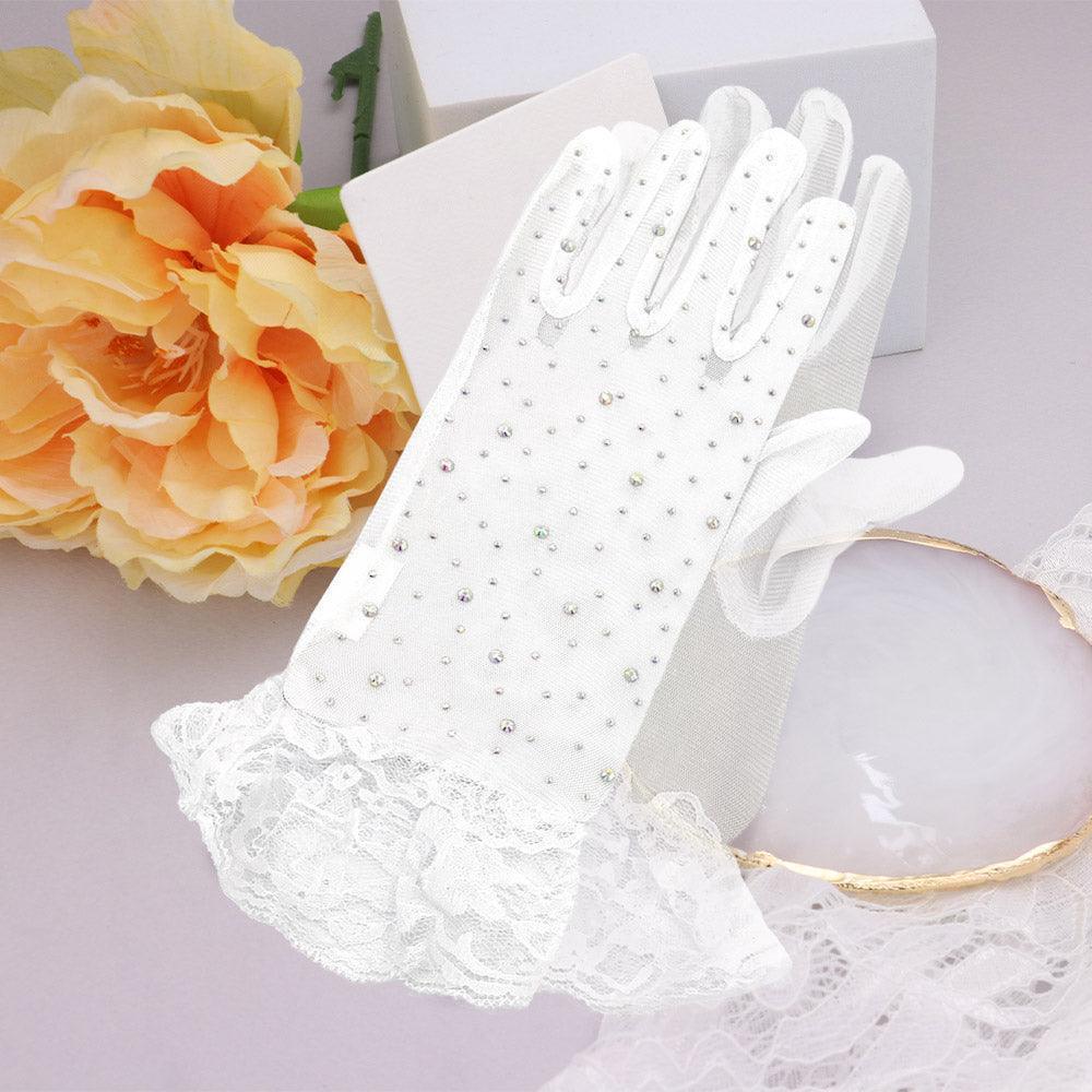 White Stone Embellished Lace Cuff Mesh Dressy Wedding Gloves - Jewelry Store by Erik Rayo