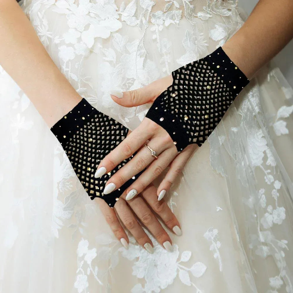 Black Stone Embellished Fishnet Fingerless Wedding Gloves - Jewelry Store by Erik Rayo