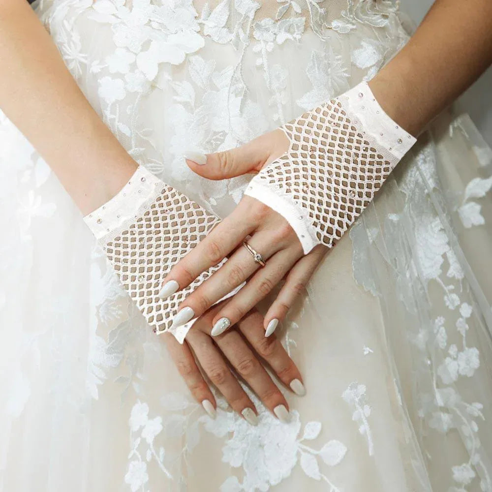 White Stone Embellished Fishnet Fingerless Wedding Gloves - Jewelry Store by Erik Rayo
