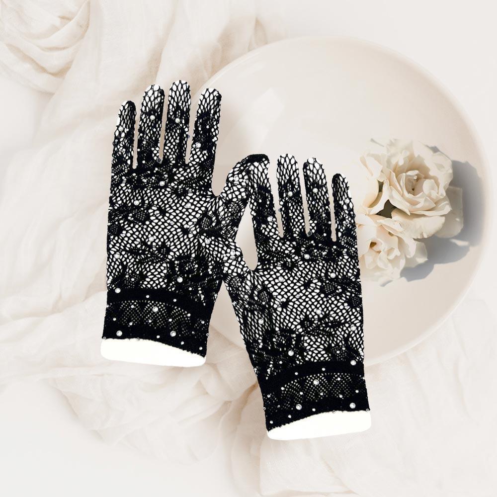 Black Stone Embellished Dressy Floral Lace Wedding Gloves - Jewelry Store by Erik Rayo