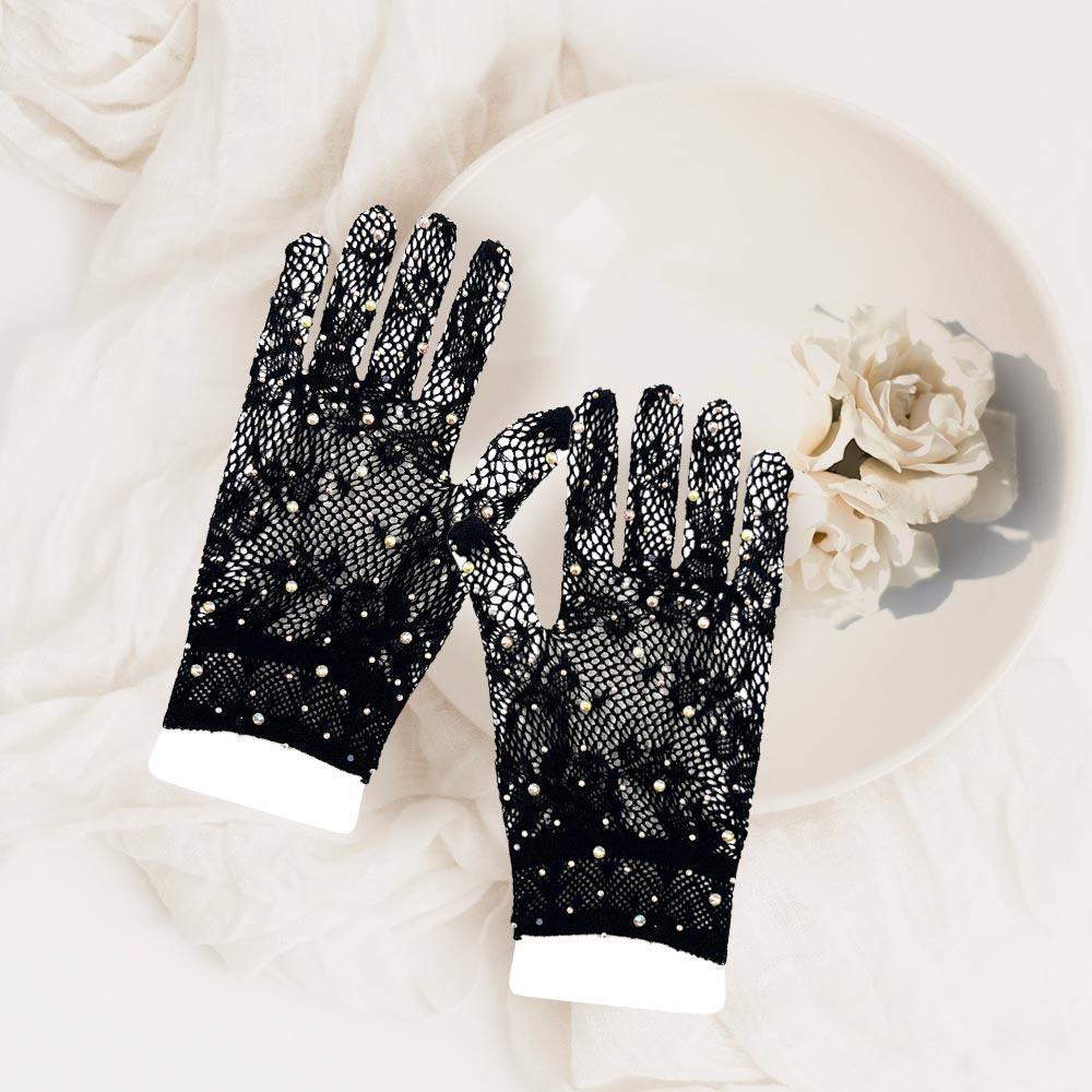 Black Stone Embellished Dressy Floral Lace Wedding Gloves - Jewelry Store by Erik Rayo