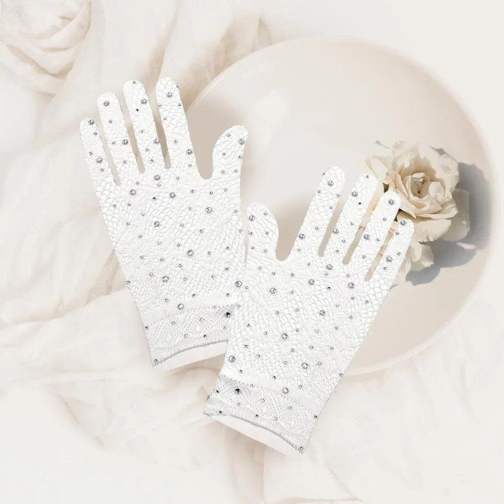 White Clear Stone Embellished Dressy Floral Lace Wedding Gloves - Jewelry Store by Erik Rayo