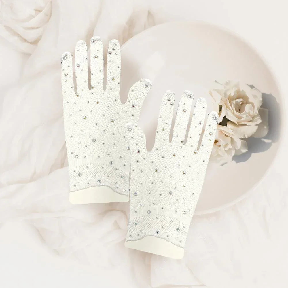 White Stone Embellished Dressy Floral Lace Wedding Gloves - Jewelry Store by Erik Rayo