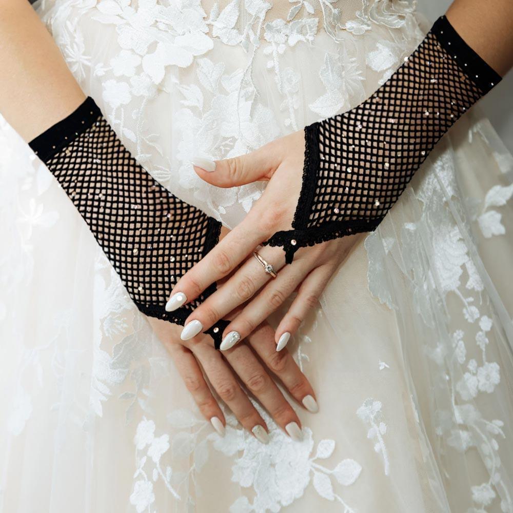 Black Stone Embellished Fishnet Fingerless Wedding Gloves - Jewelry Store by Erik Rayo