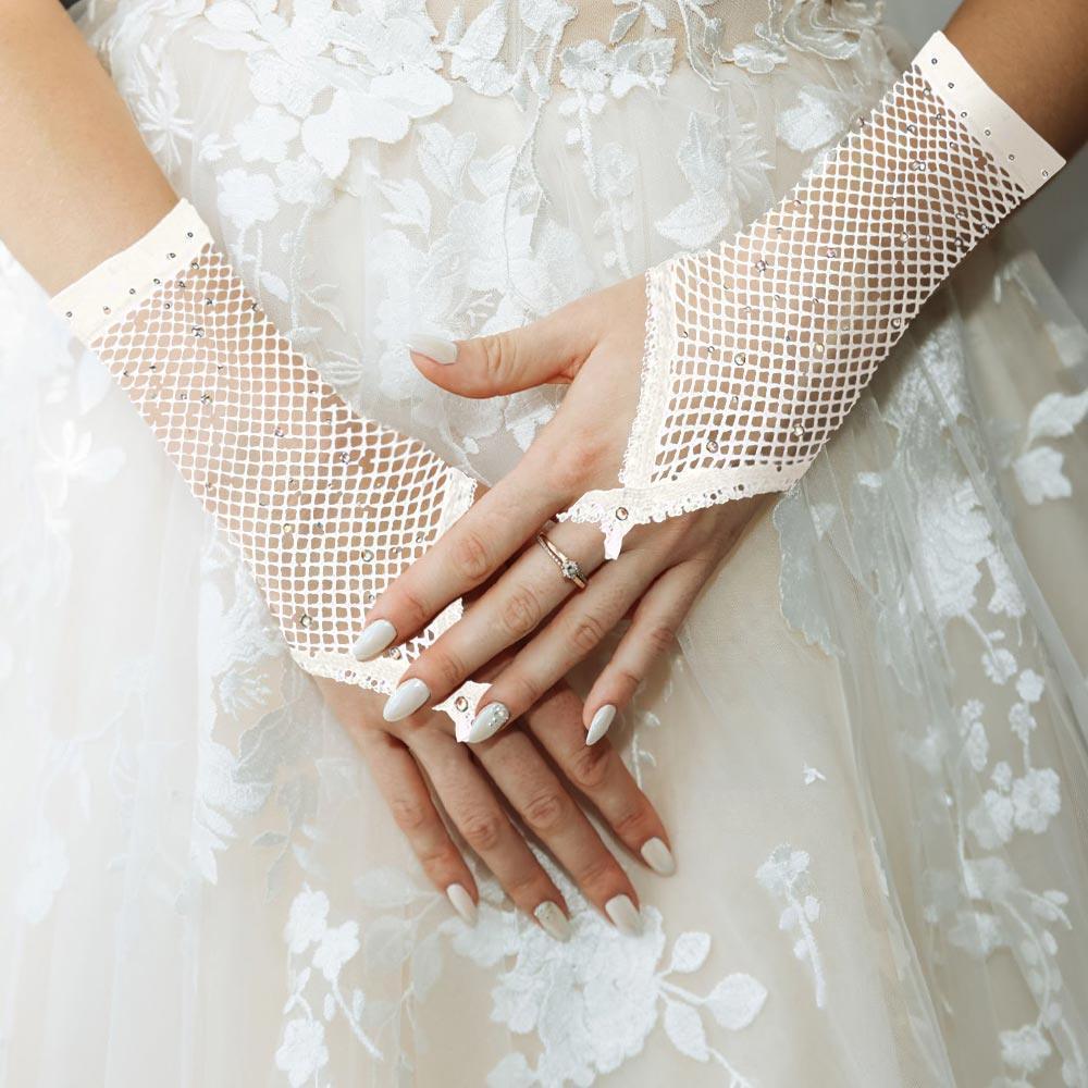 White Stone Embellished Fishnet Fingerless Wedding Gloves - Jewelry Store by Erik Rayo