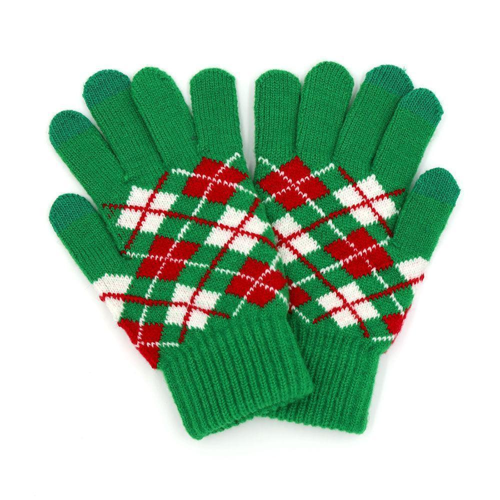 Green Argyle Patterned Knit Touch Smart Gloves - Jewelry Store by Erik Rayo