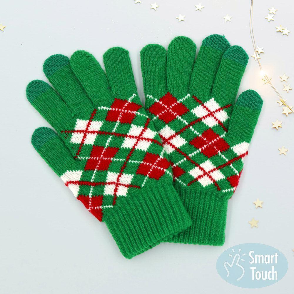 Green Argyle Patterned Knit Touch Smart Gloves - Jewelry Store by Erik Rayo