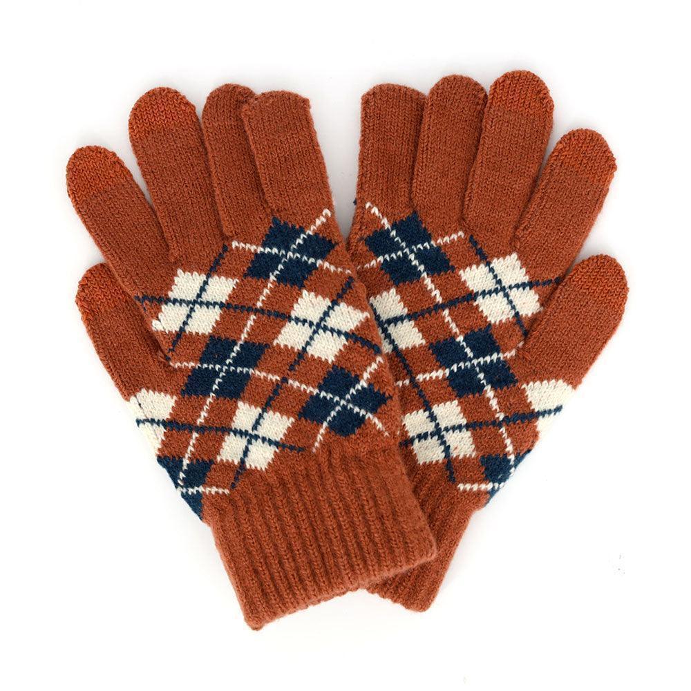 Rust Argyle Patterned Knit Touch Smart Gloves - Jewelry Store by Erik Rayo
