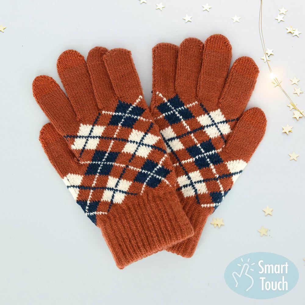Rust Argyle Patterned Knit Touch Smart Gloves - Jewelry Store by Erik Rayo