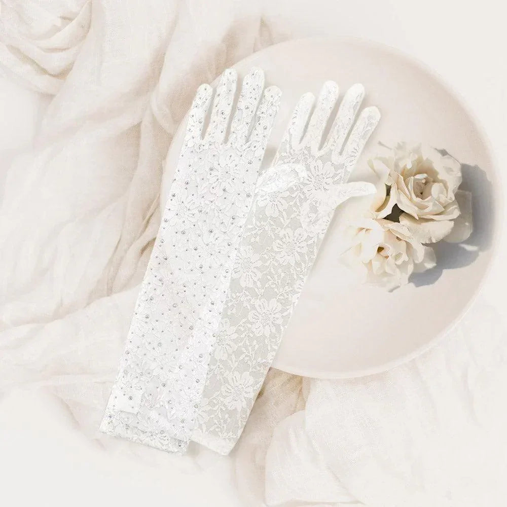 White Stone Embellished Floral Lace Dressy Long Wedding Gloves - Jewelry Store by Erik Rayo