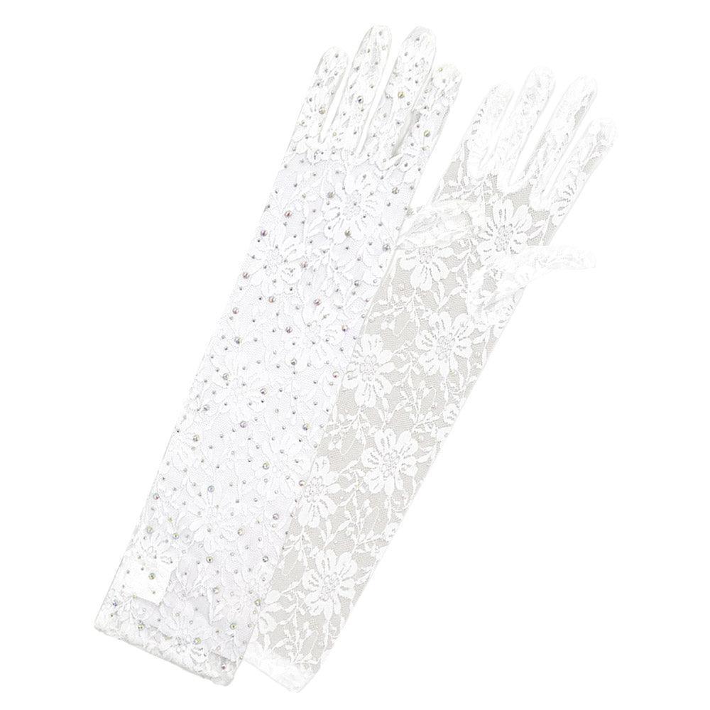 White Stone Embellished Floral Lace Dressy Long Wedding Gloves - Jewelry Store by Erik Rayo