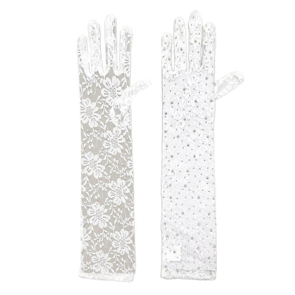 White Stone Embellished Floral Lace Dressy Long Wedding Gloves - Jewelry Store by Erik Rayo