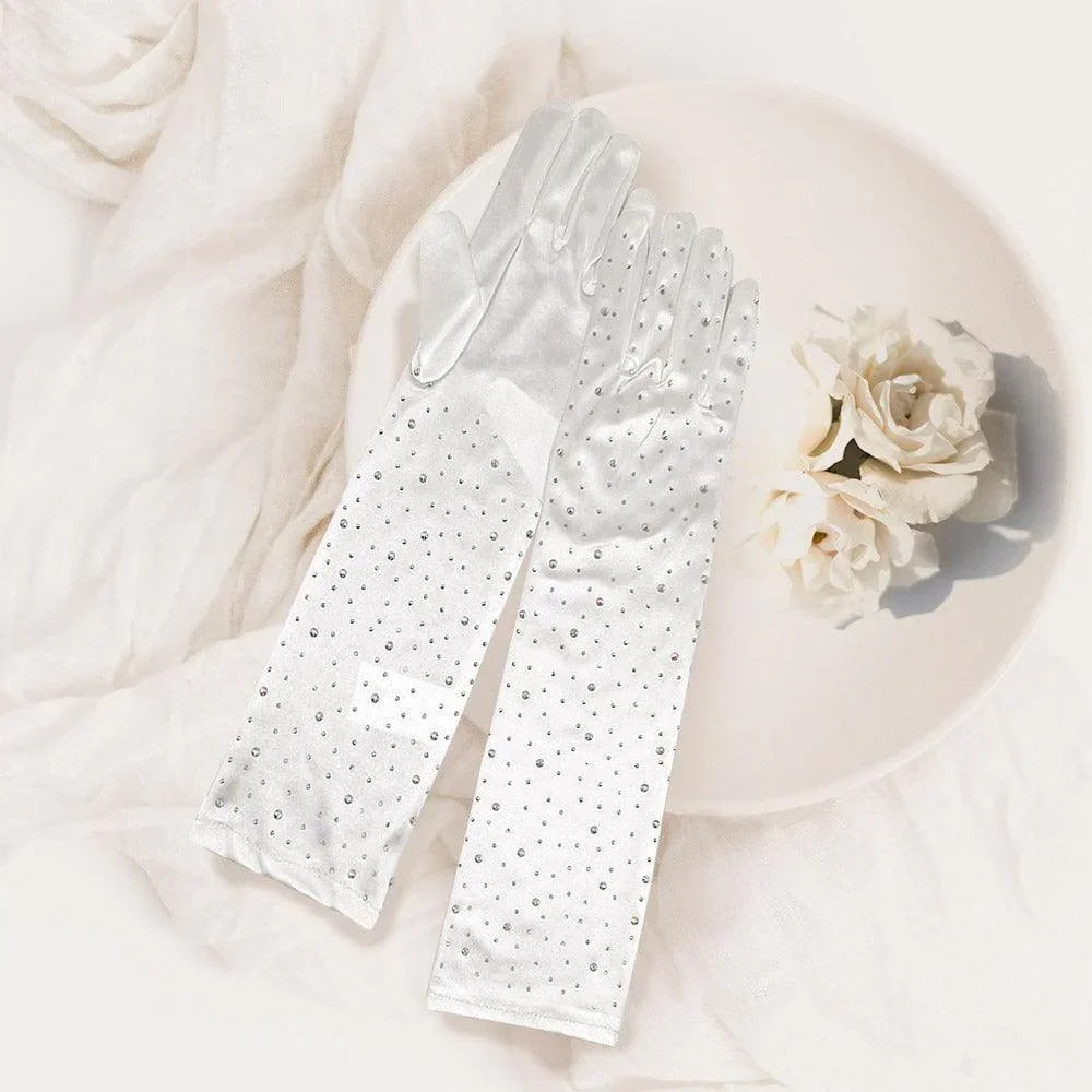 Ivory Stone Embellished Dressy Satin Long Wedding Gloves - Jewelry Store by Erik Rayo