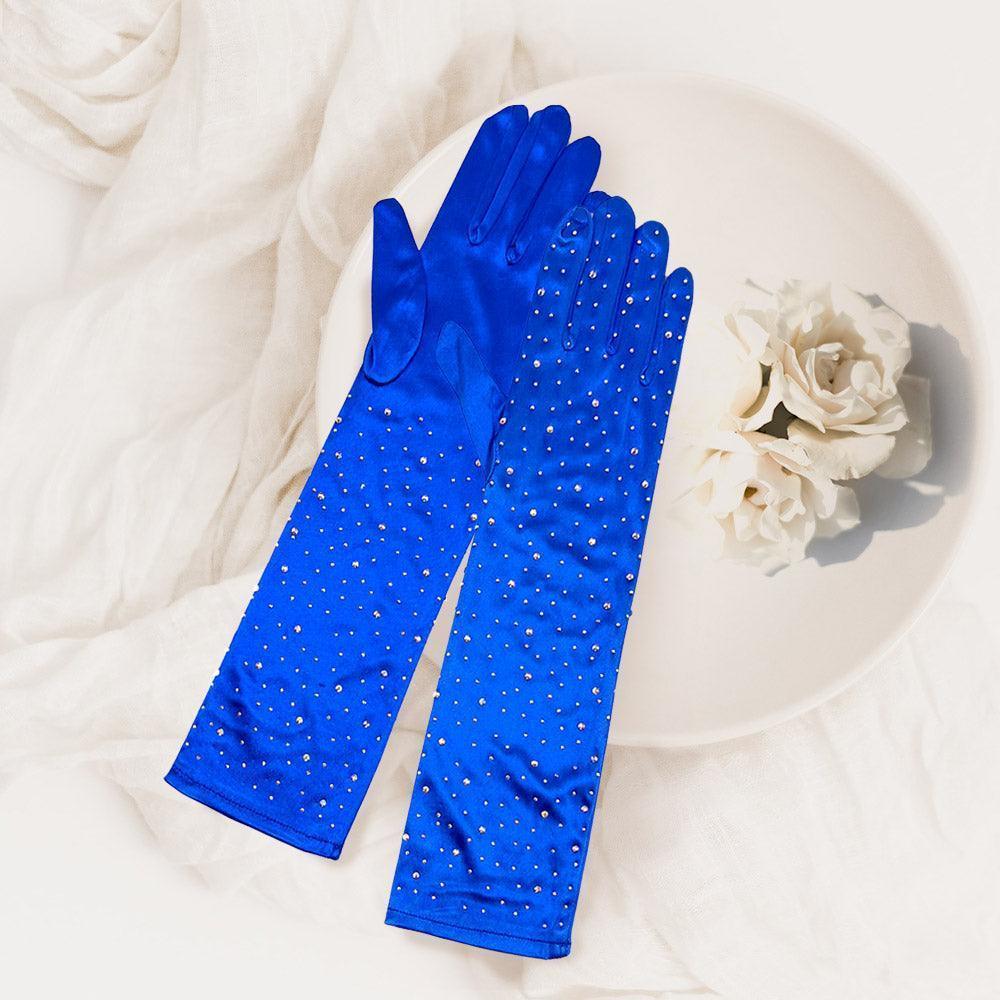 Royal Blue Stone Embellished Dressy Satin Long Wedding Gloves - Jewelry Store by Erik Rayo