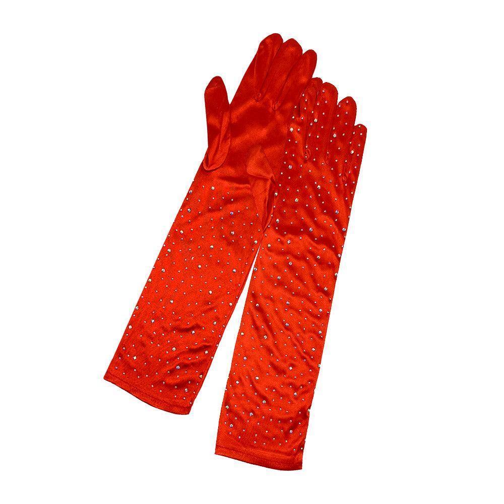 Red Stone Embellished Dressy Satin Long Wedding Gloves - Jewelry Store by Erik Rayo