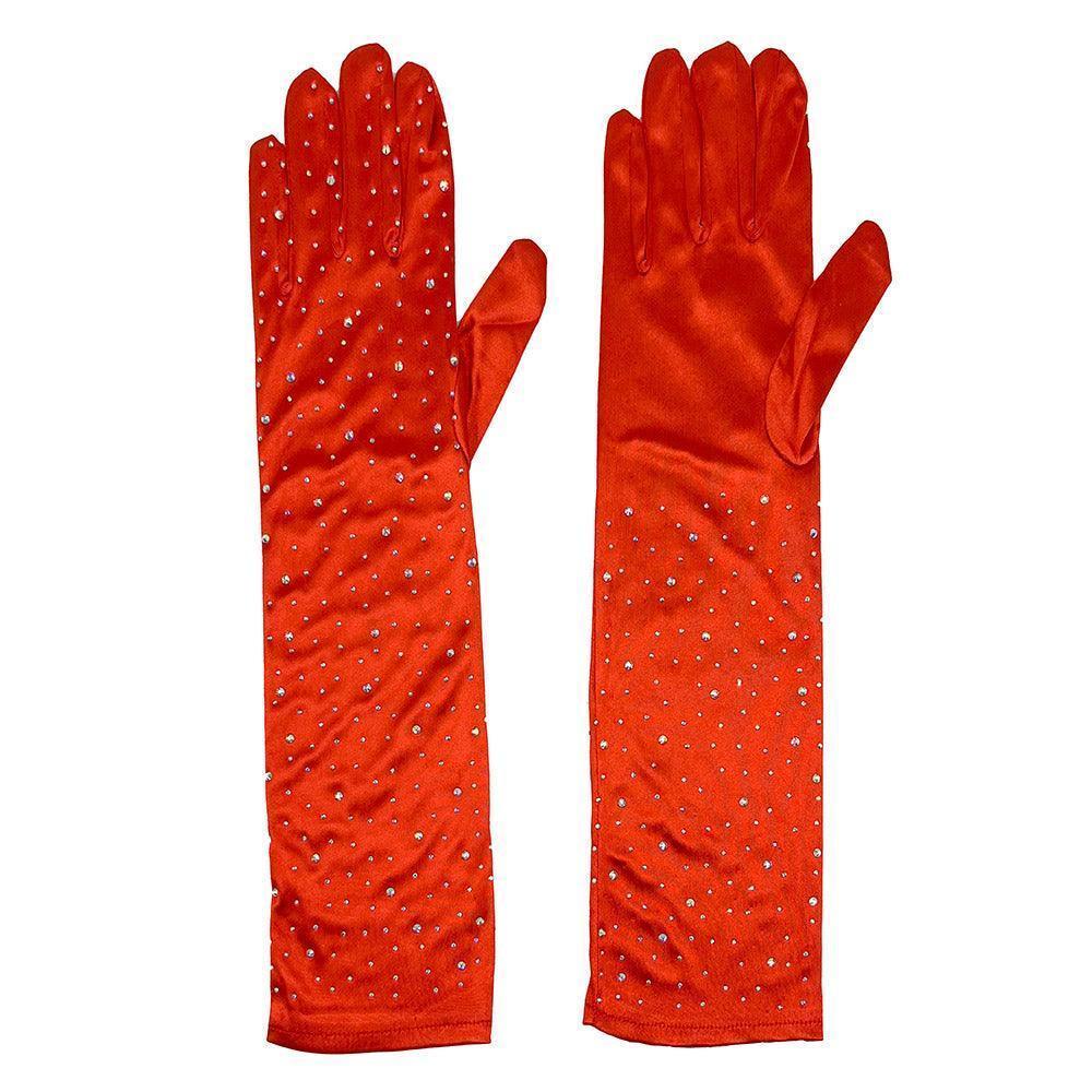 Red Stone Embellished Dressy Satin Long Wedding Gloves - Jewelry Store by Erik Rayo