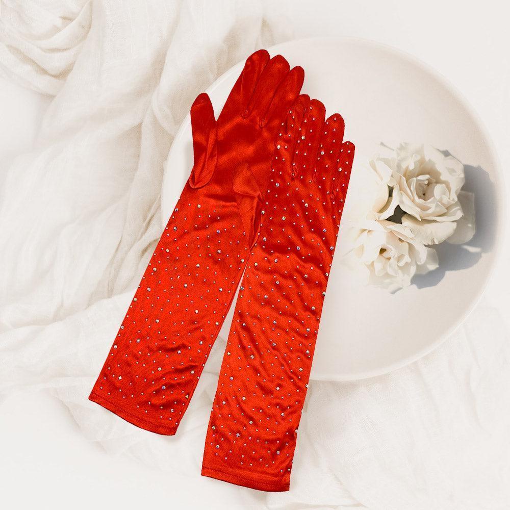 Red Stone Embellished Dressy Satin Long Wedding Gloves - Jewelry Store by Erik Rayo