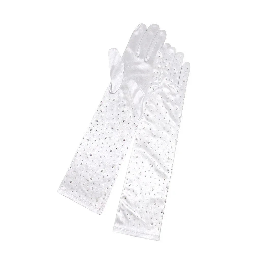 White Stone Embellished Dressy Satin Long Wedding Gloves - Jewelry Store by Erik Rayo