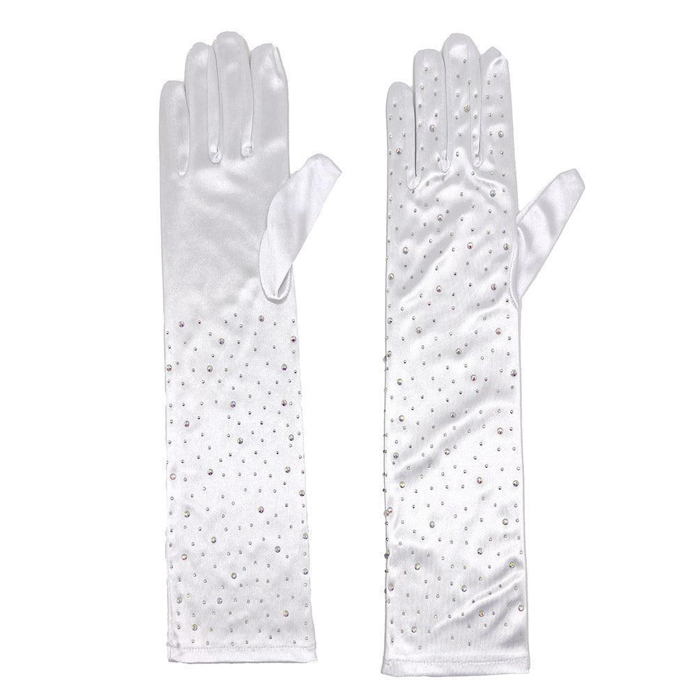 White Stone Embellished Dressy Satin Long Wedding Gloves - Jewelry Store by Erik Rayo