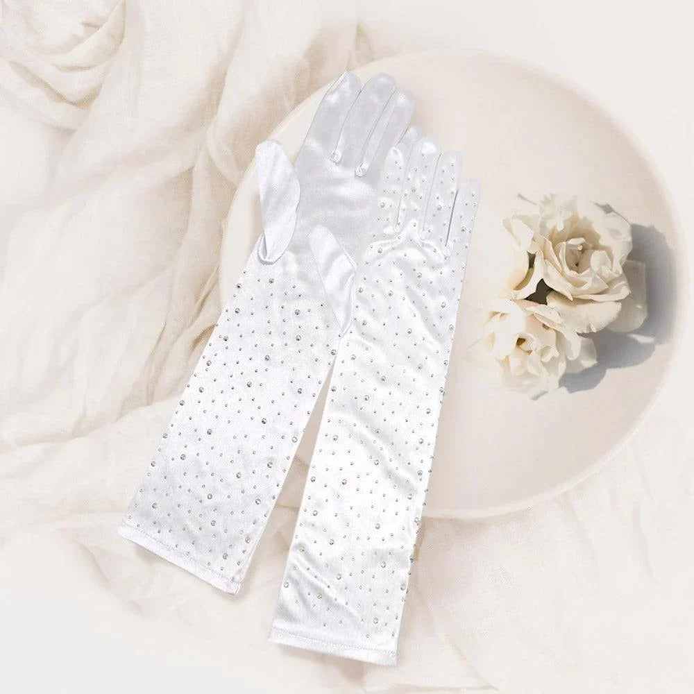 White Stone Embellished Dressy Satin Long Wedding Gloves - Jewelry Store by Erik Rayo