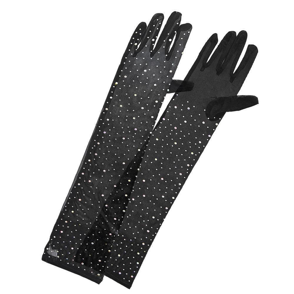 Black Stone Embellished Dressy Mesh Long Wedding Gloves - Jewelry Store by Erik Rayo