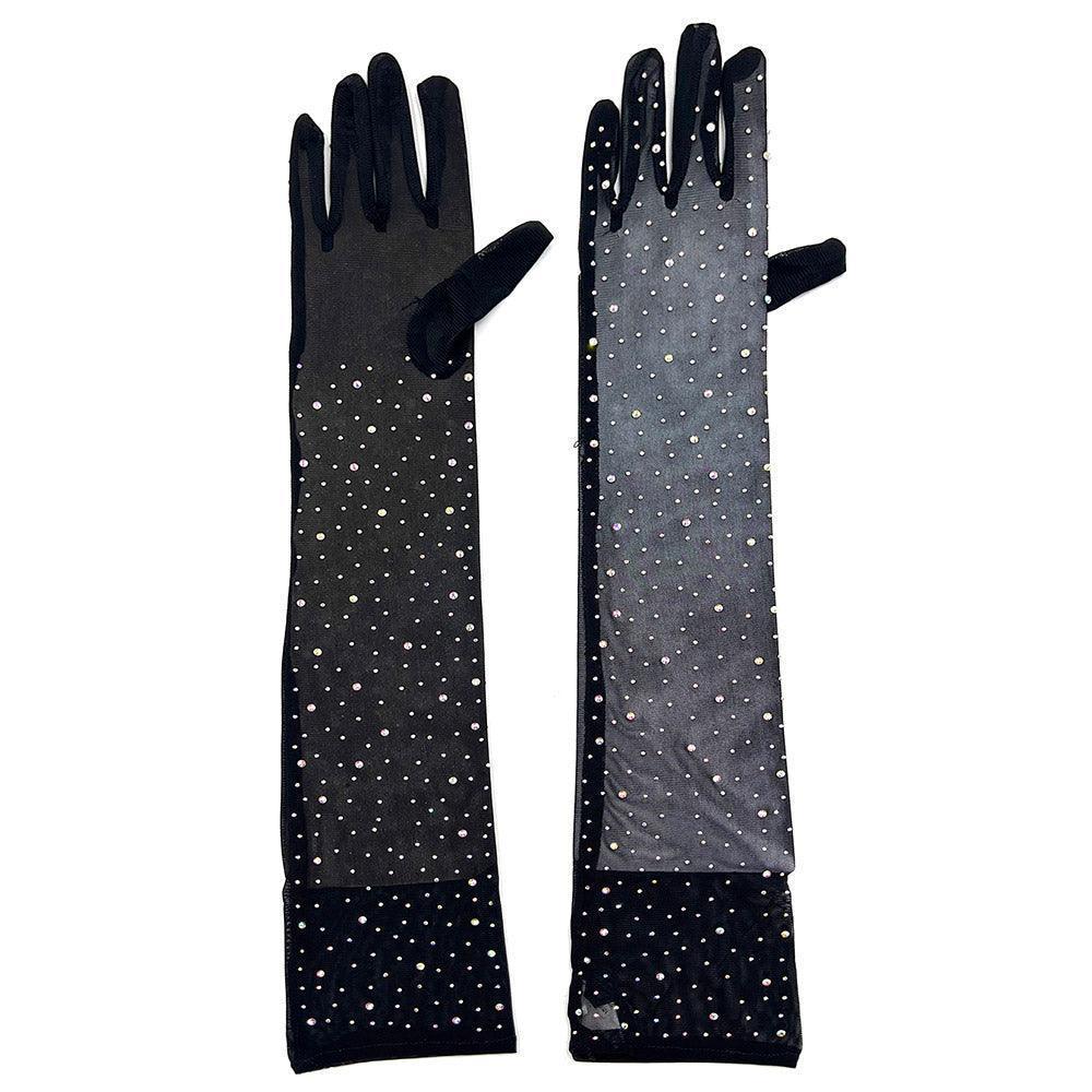 Black Stone Embellished Dressy Mesh Long Wedding Gloves - Jewelry Store by Erik Rayo
