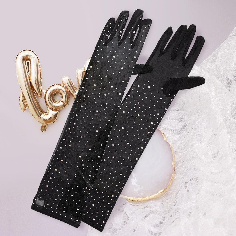 Black Stone Embellished Dressy Mesh Long Wedding Gloves - Jewelry Store by Erik Rayo