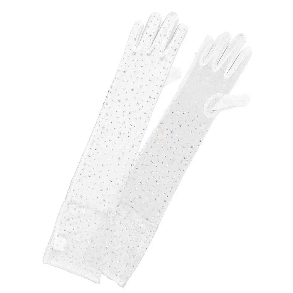 White Stone Embellished Dressy Mesh Long Wedding Gloves - Jewelry Store by Erik Rayo