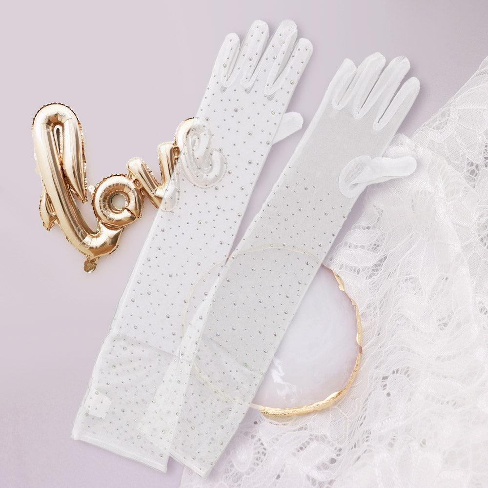 White Stone Embellished Dressy Mesh Long Wedding Gloves - Jewelry Store by Erik Rayo