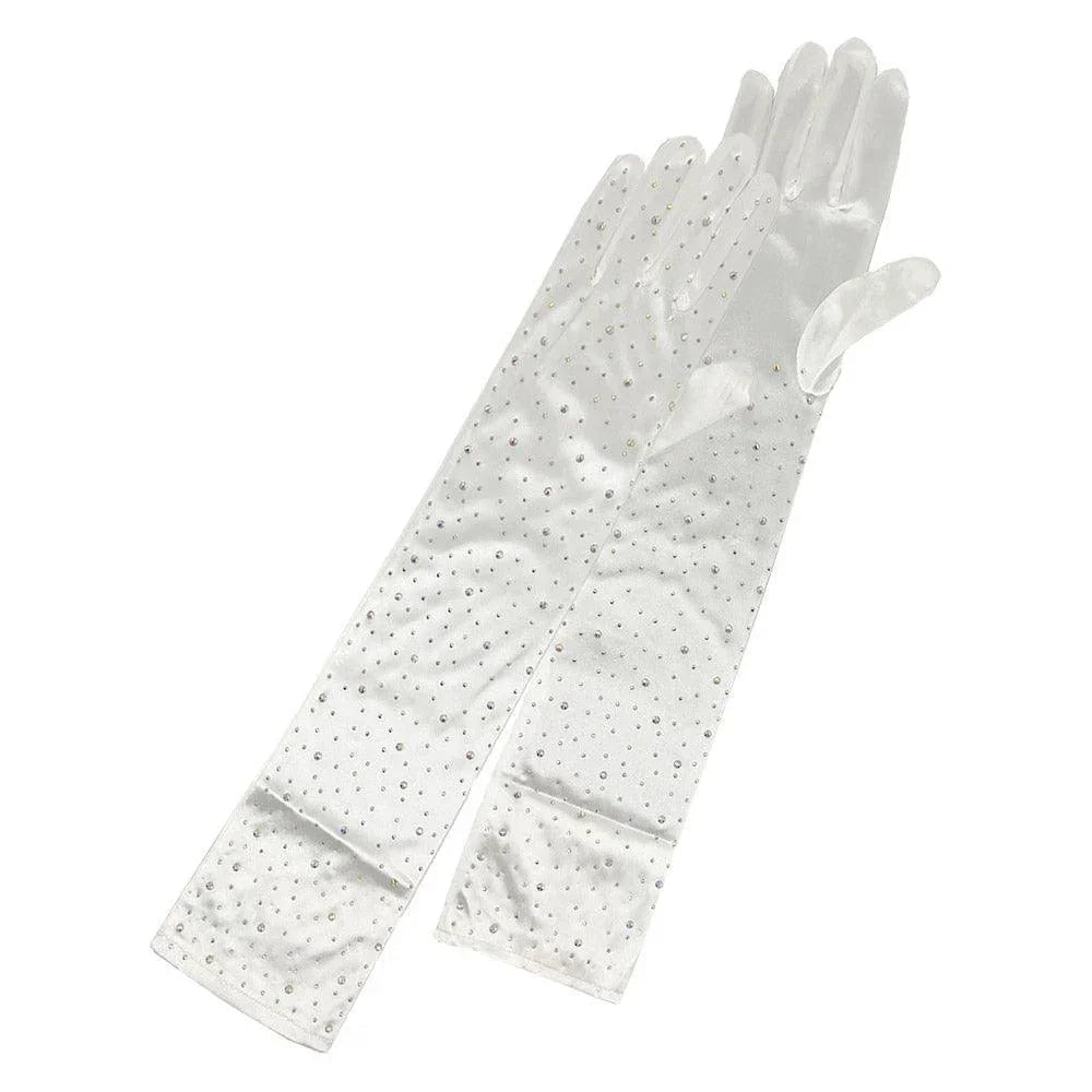 Ivory Stone Embellished Dressy Satin Long Wedding Gloves - Jewelry Store by Erik Rayo