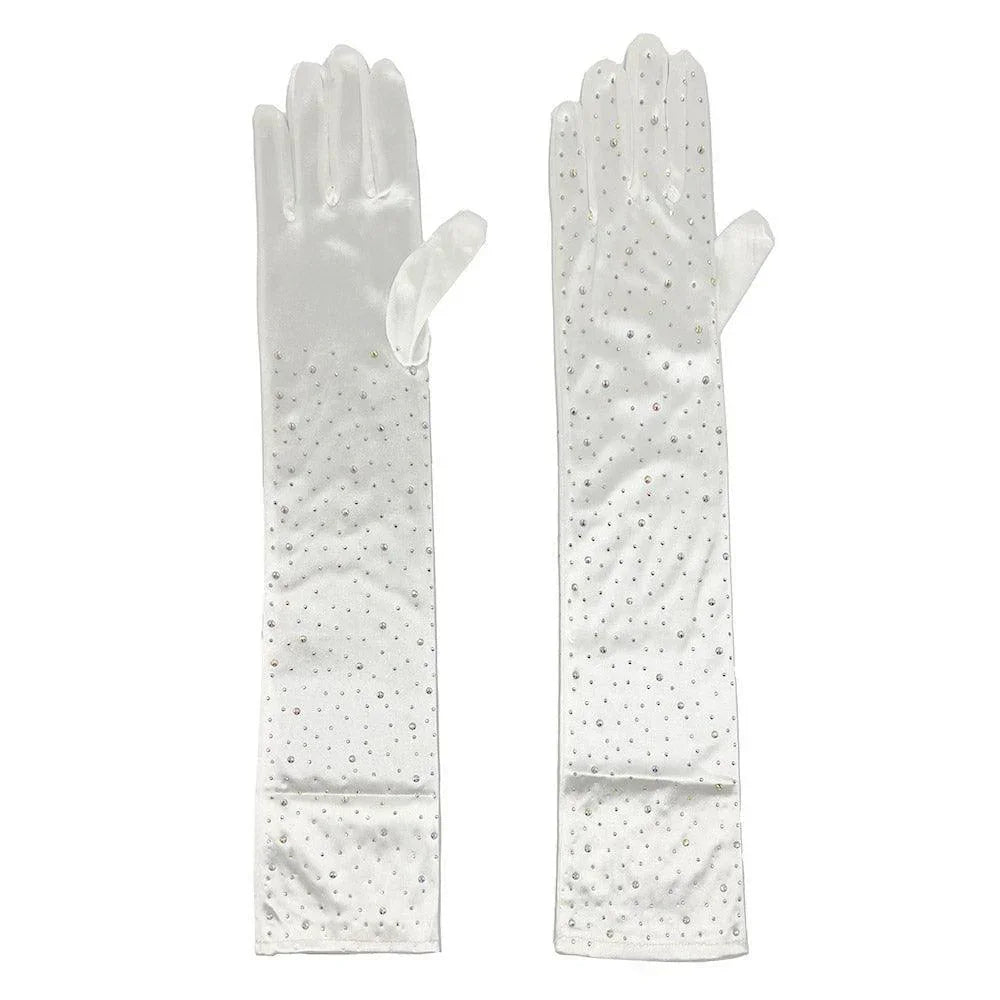 Ivory Stone Embellished Dressy Satin Long Wedding Gloves - Jewelry Store by Erik Rayo