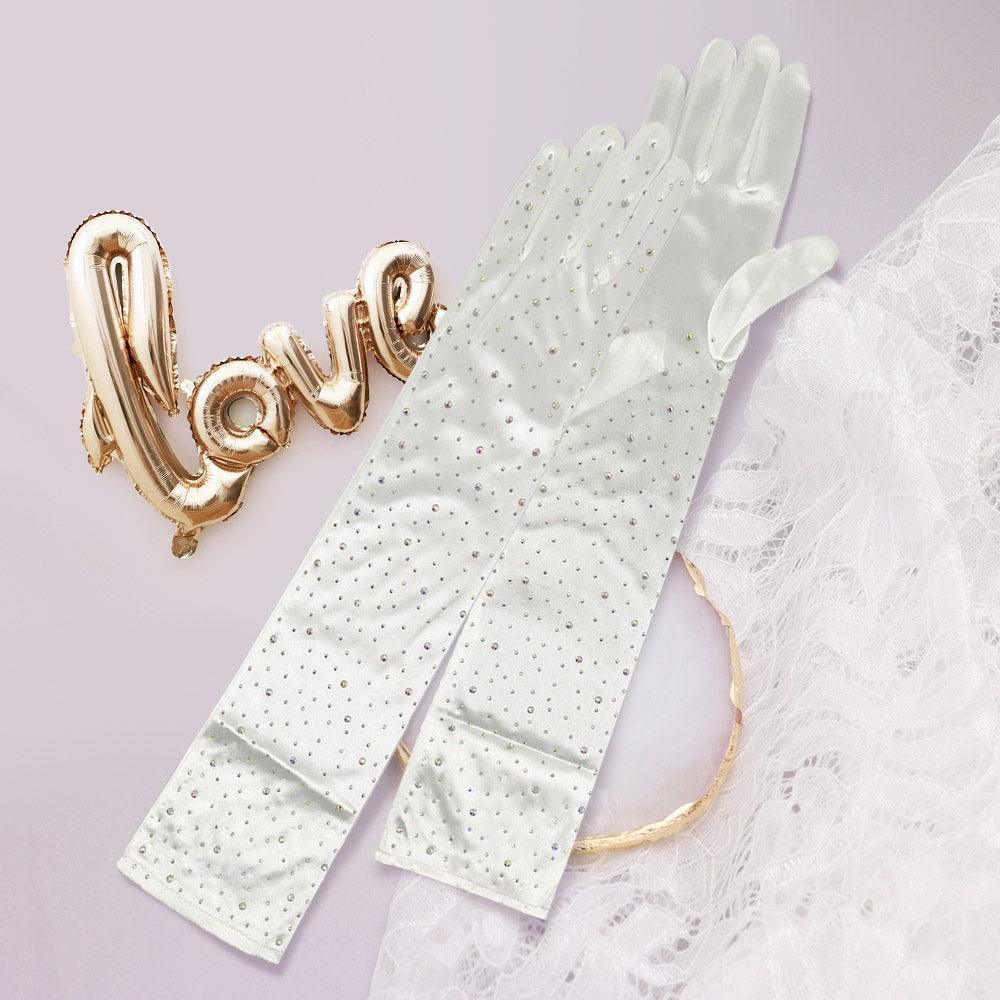 Ivory Stone Embellished Dressy Satin Long Wedding Gloves - Jewelry Store by Erik Rayo