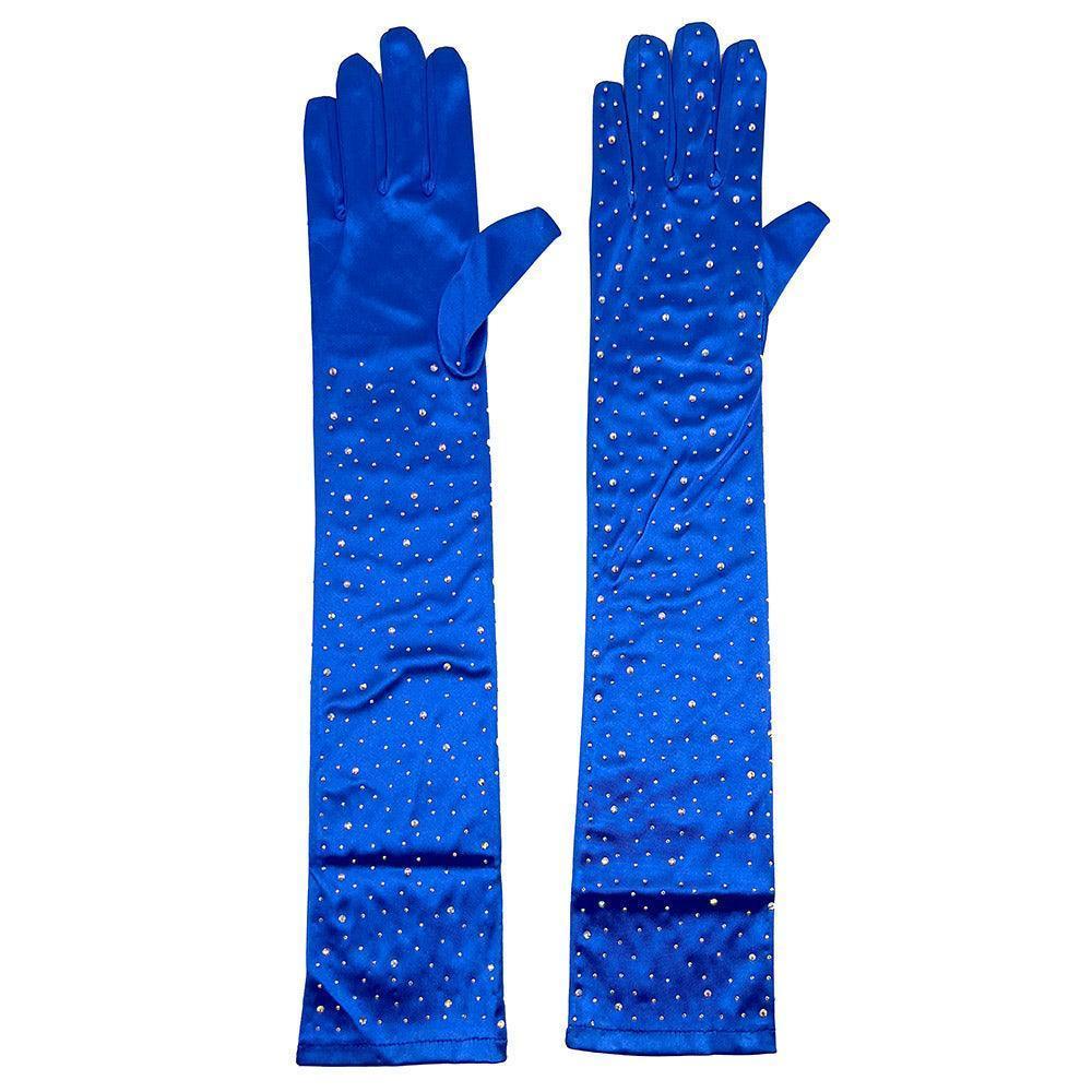 Royal Blue Stone Embellished Dressy Satin Long Wedding Gloves - Jewelry Store by Erik Rayo