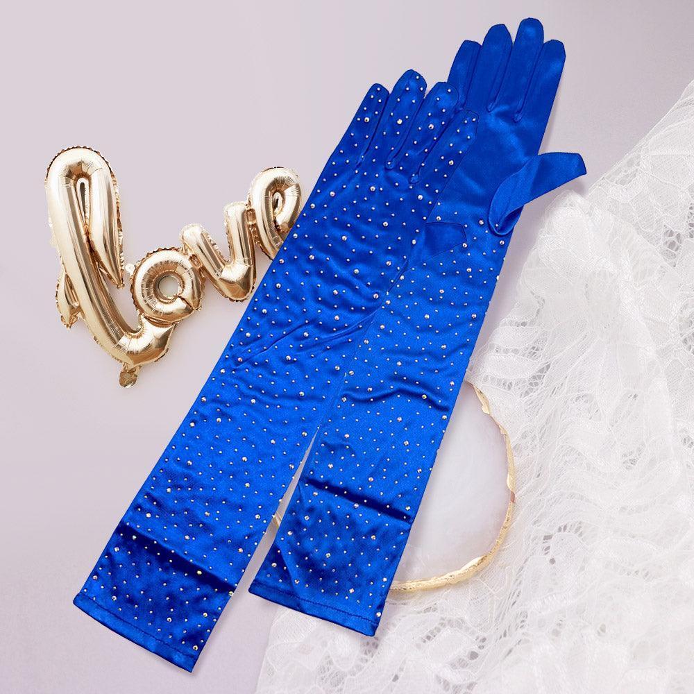 Royal Blue Stone Embellished Dressy Satin Long Wedding Gloves - Jewelry Store by Erik Rayo